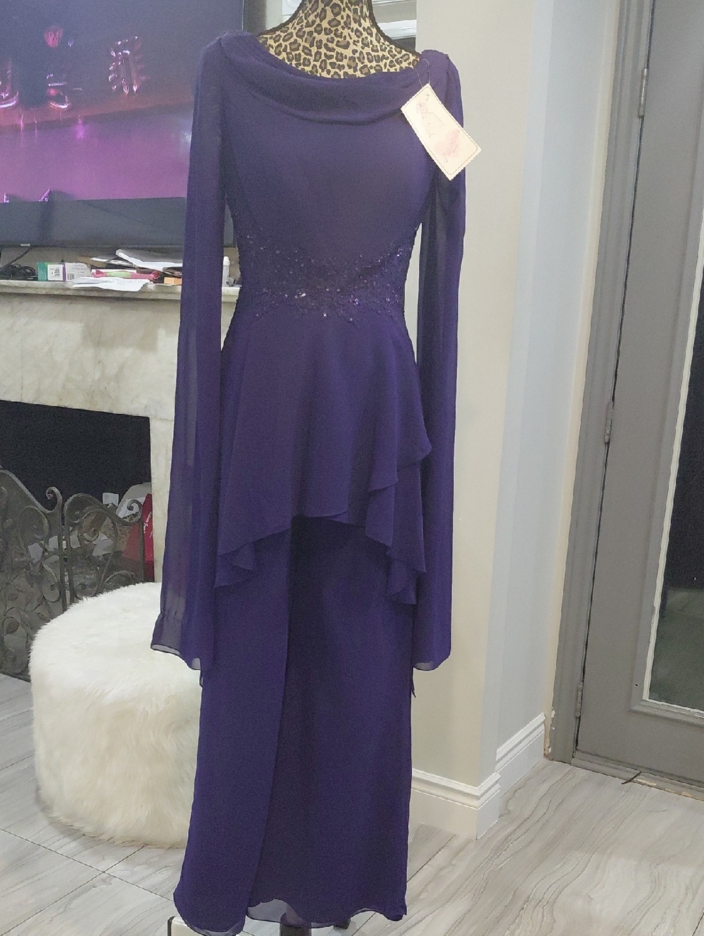 Elegant Purple Beaded Peplum Evening Jumpsuit